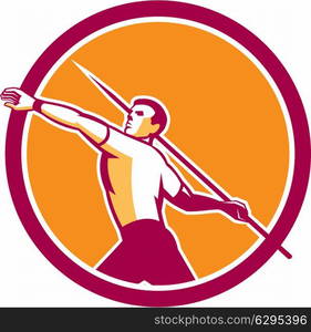 Illustration of a track and field athlete javelin throw viewed from the side set inside circle on isolated background done in retro style.. Javelin Throw Track and Field Athlete Circle