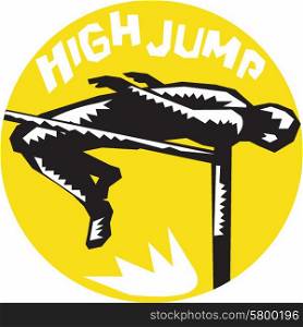 Illustration of a track and field athlete jumping high jump set inside circle with the word High Jump in the background done in retro woodcut style.
