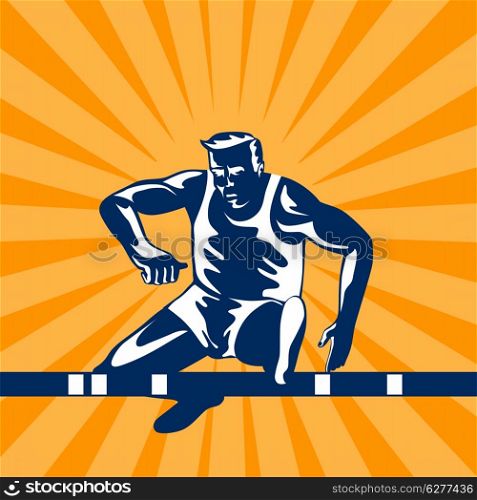Illustration of a track and field athlete jumping hurdles done in retro style.