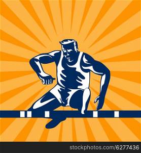 Illustration of a track and field athlete jumping hurdles done in retro style.