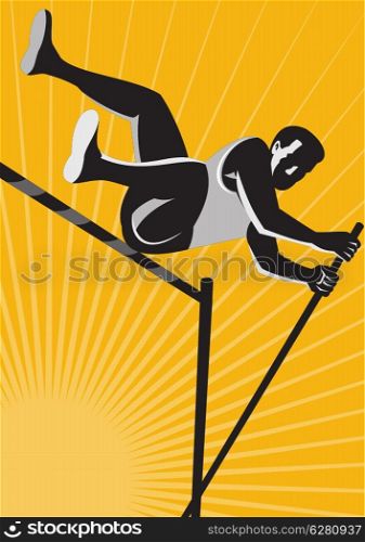 Illustration of a track and field athlete pole vault high jump jumping done in retro woodcut style.. Track and Field Athlete Pole Vault High Jump Retro