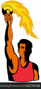 illustration of a track and field athlete with flaming torch done in retro style. athlete with flaming torch