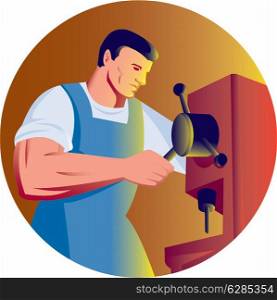 illustration of a trade factory worker working with drill press viewed from side done in retro style.. trade factory worker working with drill press