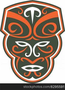 Illustration of a traditional maori mask face facing front on isolated white background done in retro style. . Maori Mask Face Front Retro