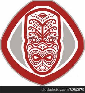 Illustration of a traditional maori mask face facing front set inside shield done in retro style on isolated background.. Maori Mask Face Front Shield Retro