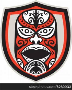 Illustration of a traditional maori mask facing front set inside shield done in retro style on isolated background.. Maori Mask Shield Retro