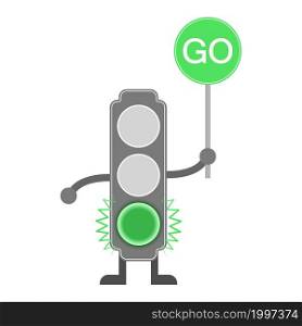 Illustration of a traffic light with a green signal and a GO sign, for children&rsquo;s education, a book, a banner, a poster and creative design. Flat style.