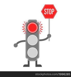 Illustration of a traffic light with a red signal and a stop sign, for children&rsquo;s education, books, banners, posters and creative design. Flat style.