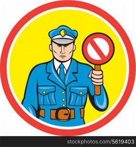 Illustration of a traffic policeman police officer holding a stop sign set inside circle done in cartoon style on isolated background.. Traffic Policeman Stop Hand Signal Cartoon