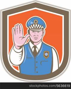 Illustration of a traffic policeman police officer holding hand up stop sign set inside shield crest done in cartoon style on isolated background.. Traffic Policeman Hand Stop Sign Shield Cartoon