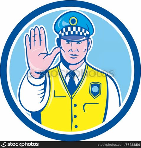 Illustration of a traffic policeman police officer holding hand up stop sign set inside circle done in cartoon style on isolated background.. Traffic Policeman Hand Stop Sign Circle Cartoon