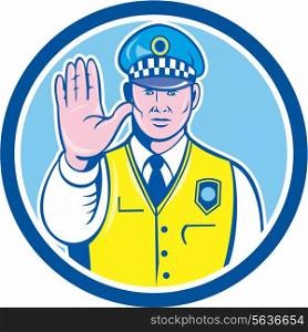 Illustration of a traffic policeman police officer holding hand up stop sign set inside circle done in cartoon style on isolated background.. Traffic Policeman Hand Stop Sign Circle Cartoon