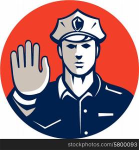 Illustration of a traffic policeman police officer holding hand up stop sign set inside circle done in retro style on isolated background.. Traffic Policeman Hand Stop Sign Circle Retro