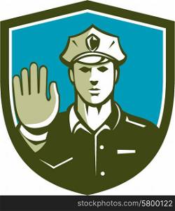 Illustration of a traffic policeman police officer holding hand up stop sign set inside shield crest done in retro style on isolated background.. Traffic Policeman Hand Stop Sign Shield Retro