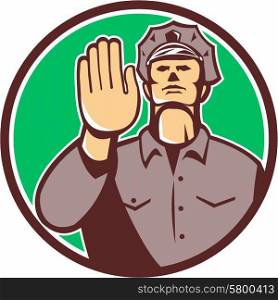 Illustration of a traffic policeman police officer holding hand up stop sign set viewed from front inside circle done in retro style on isolated background.. Traffic Policeman Hand Stop Sign Circle Retro