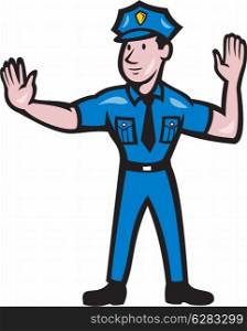 Illustration of a traffic policeman police officer making a stop hand signal gesture done in cartoon style on isolated background.. Traffic Policeman Stop Hand Signal Cartoon