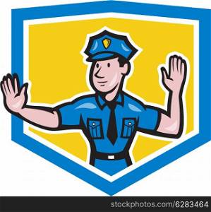 Illustration of a traffic policeman police officer making a stop hand signal gesture set inside crest shield done in cartoon style on isolated background.. Traffic Policeman Stop Hand Signal Shield Cartoon