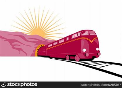 Illustration of a train coming out of a tunnel with sun in the background done in retro style. . Train Coming out of tunnel