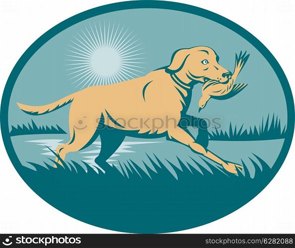illustration of a trained Retriever dog with bird on wetland set inside an ellipse.. Retriever dog with bird on wetland