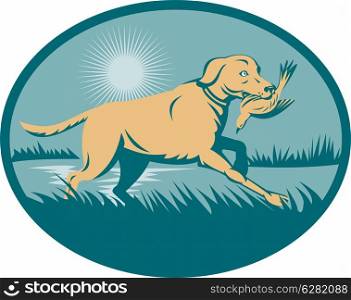 illustration of a trained Retriever dog with bird on wetland set inside an ellipse.. Retriever dog with bird on wetland