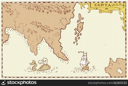 Illustration of a treasure map showing continent and islands ship galleon and whale done in vintage style.&#xA;