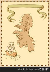 Illustration of a treasure map showing island with sailing ship galleon and ribbon done in vintage style.. Map Treasure Island Tall Ship