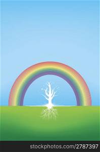 Illustration of a tree silhouette with summer or spring butterflies with roots made in a grunge and floral style with a rainbow over the sky.