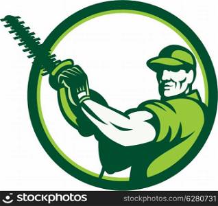 Illustration of a tree surgeon arborist gardener tradesman worker holding a hedge trimmer facing front set inside circle done in retro style on isolated white background.