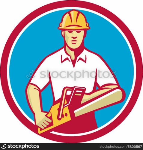 Illustration of a tree surgeon arborist gardener tradesman worker wearing hard hat holding chainsaw facing front set inside circle done in retro style on isolated background.. Tree Surgeon Holding Chainsaw Circle Retro