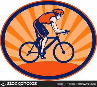 illustration of a Triathlon athlete riding cycling bike set inside an oval. Triathlon athlete riding cycling bike