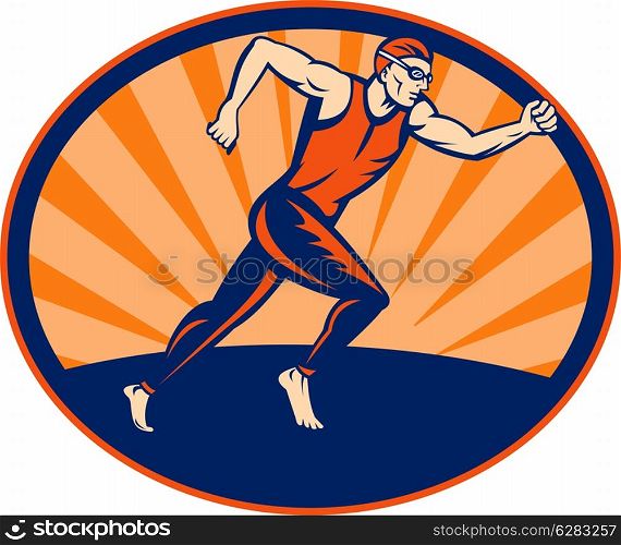 illustration of a Triathlon runner running sign set inside an ellipse.. Triathlon athlete runner running
