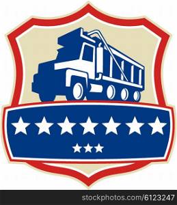 Illustration of a triple axle dump truck set inside shield crest with stars viewed from low angle done in retro style. . Triple Axle Dump Truck Stars Crest Retro