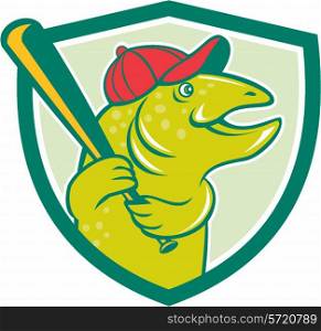 Illustration of a trout fish baseball player with hat holding baseball bat batting looking to the side set inside shield crest on isolated background done in cartoon style. . Trout Fish Baseball Batting Shield Cartoon