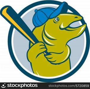 Illustration of a trout fish baseball player with hat holding baseball bat batting looking to the side set inside circle on isolated background done in cartoon style. . Trout Fish Baseball Batting Circle Cartoon
