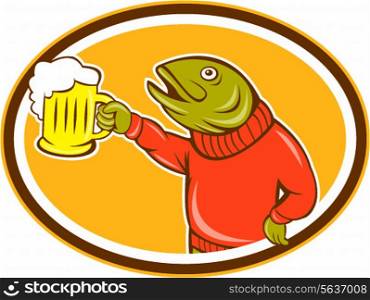 Illustration of a trout fish holding beer mug viewed from the side set inside oval on isolated background done in cartoon style. . Trout Fish Holding Beer Mug Oval Cartoon