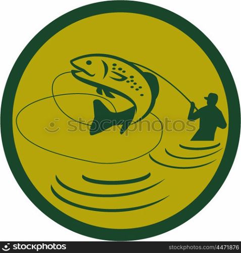 Illustration of a trout fish jumping and fly fisherman fishing viewed from the side set inside circle on isolated background done in retro style. . Trout Jumping Fly Fisherman Circle Retro