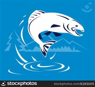 illustration of a trout fish jumping done in retro style. trout fish jumping with mountains