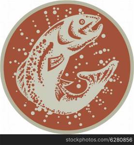 Illustration of a trout fish jumping set inside circle on isolated white background done in retro style.