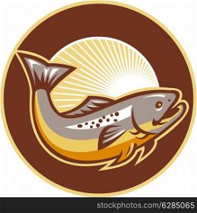 Illustration of a trout fish jumping set inside circle with sunburst in background done in retro style.&#xA;