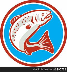 Illustration of a trout fish jumping viewed from the side set inside circle on isolated background done in retro style. . Trout Fish Jumping Circle Retro