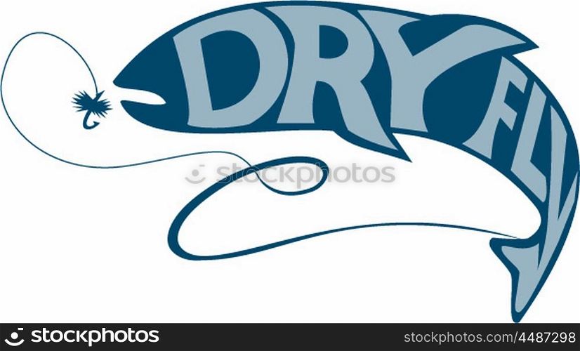 Illustration of a trout fish with the words tex Dry Fly catching a dry fly bait set on isolated white background done in retro style. . Trout Catching Bait Dry Fly Retro