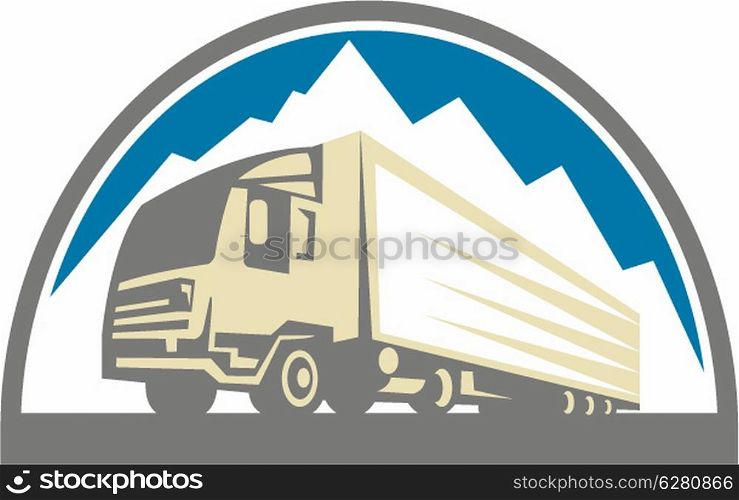 Illustration of a truck lorry done in retro style with mountains in the background set inside half circle shape on isolated background.. Container Truck and Trailer Retro