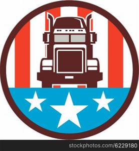 Illustration of a truck viewed from front set inside circle with american stars and stripes in the background done in retro style. . Truck USA Flag Circle Retro