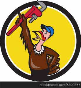 Illustration of a turkey plumber looking up raising monkey adjustable wrench set inside circle on isolated background done in cartoon style. . Turkey Plumber Raising Wrench Circle Cartoon