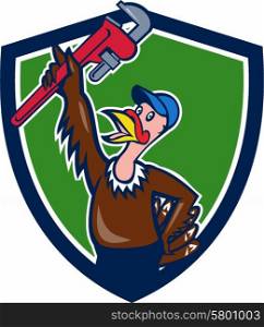Illustration of a turkey plumber looking up raising monkey adjustable wrench set inside shield crest on isolated background done in cartoon style. . Turkey Plumber Raising Wrench Shield Cartoon