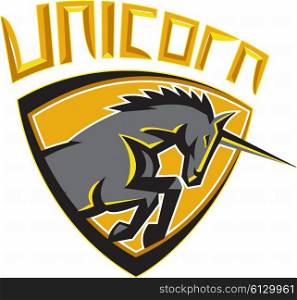 Illustration of a unicorn horse head charging viewed from the side set inside shield crest done in retro style with the word UNICORN above image. Black Unicorn Horse Head Charging Crest Retro