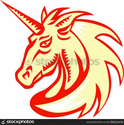 Illustration of a unicorn horse head viewed from the side on isolated white background done in retro woocut style.. Unicorn Horse Head Side Woodcut