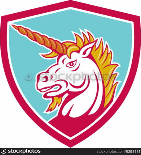 Illustration of a unicorn horse head viewed from the side set inside shield crest on isolated background done in cartoon style.. Angry Unicorn Head Shield Cartoon