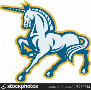 Illustration of a unicorn prancing viewed from side on isolated white background.