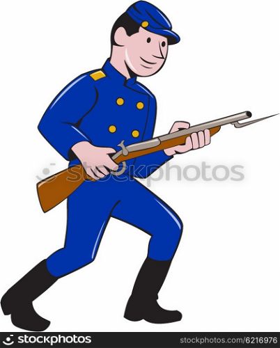 Illustration of a Union Army soldier during the American Civil War holding rifle with bayonet set on isolated white background done in cartoon style. . Union Army Soldier Bayonet Rifle Cartoon